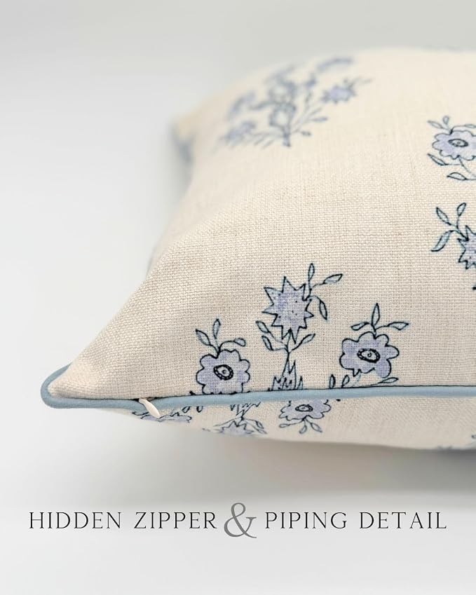 “The Mary” Blue and White Decorative Throw Pillow Cover – Floral Block Print Pillow Cover – Grandmillennial Home Decor, 19" x 19"