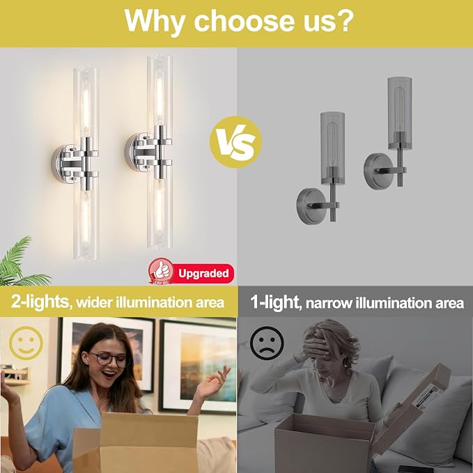 Indoi Wall Sconces Set of Two, Hardwired Chrome Bathroom Sconces Wall Lighting with Clear Glass, Modern Sconces Wall Decor Set of 2 Bathroom Light fixtures for Mirror Living Room Hallway Bedroom