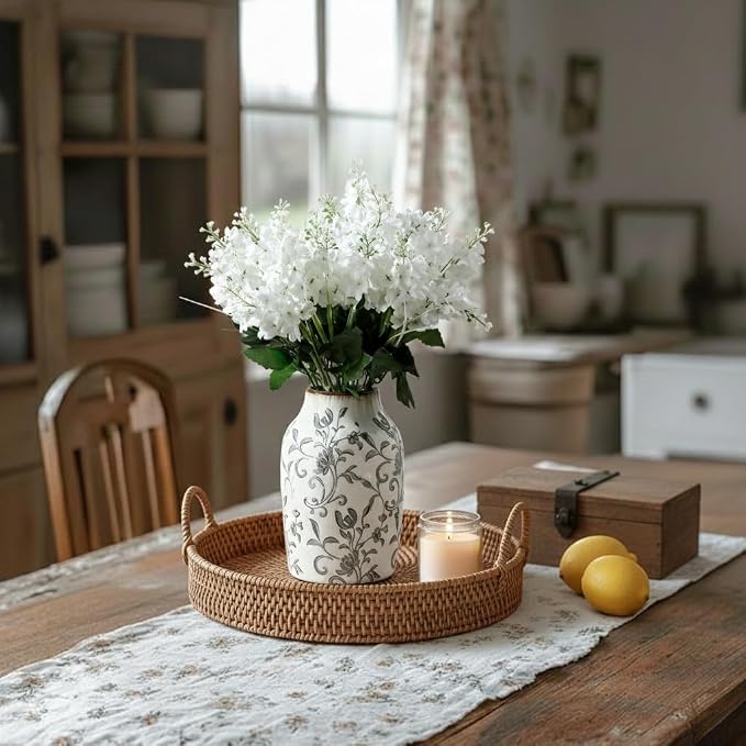 SIDUCAL Ceramic Vintage Vase, 7 Inch Retro Ice Cracked Chinoiserie Floral Vase, Rustic Farmhouse Vases for Home Decor, Bookshelf, Office, Garden, Chinoiserie Decor, Tuscan Decor, Gray Floral Pattern