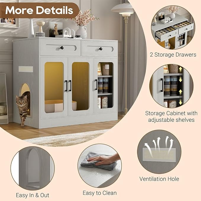 Cat Litter Box Enclosure Furniture with Glass Doors & LED Light, Large Hidden Litter Box Cabinet with Drawers and Adjustable Shelf, Modern Cat Litter Box Cover Side Entry for Living Room Bedroom,Gray