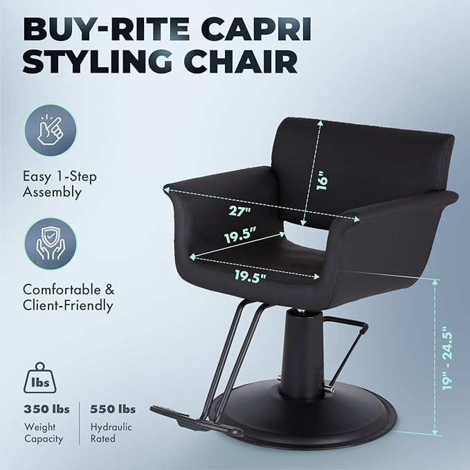 Buy-Rite Capri Styling Chair for Professional Salons & Barbershops - Luxurious Black Vinyl, Black Stitching, Elegant Curved Arms, Crevasse-Free Cushions - YLG-298-1