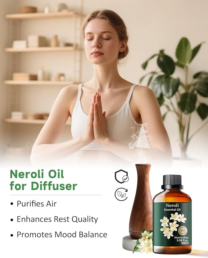 Neroli Essential Oil, Orange Blossom Oil, Diffuser, Skin & DIY, 3.38 Fl Oz | Mumianhua Neroli Oil, Steam-Distilled. Citrus-Floral Aroma. For Pillow Mist, Pulse Points, Perfume, Hair,Candle Making