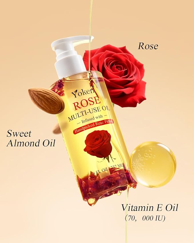 Multi-Used Body Oil For Skin,Face,Hair and Nails,Multi Purpose Organic oil With Rose Petals,Vitamin E & Almond Oil Nourishing & Hydrating,Body Oil for Moisture & Skin After Bath Oil,8 Fl Oz
