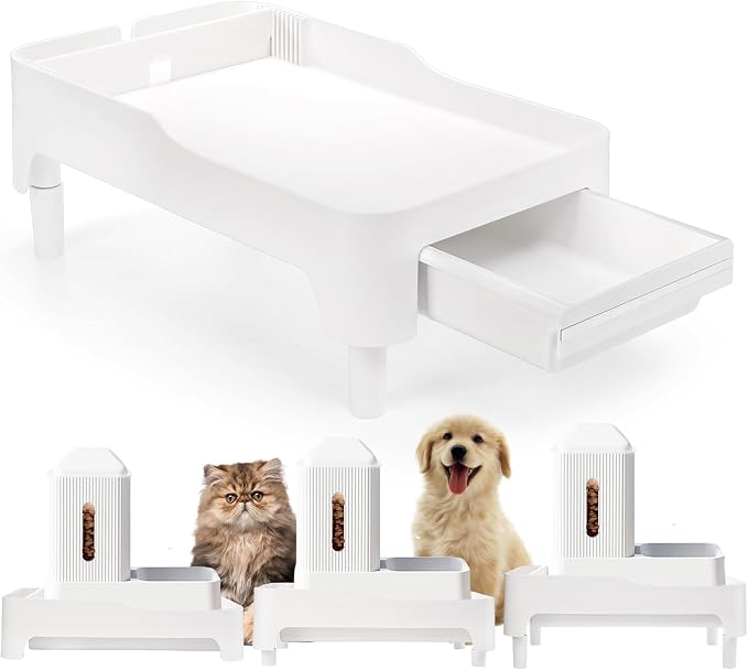 Raised Pet Feeder Stand for Cats and Dogs Neck Health, Adjustable Height Elevated Shelf Suitable for 90% Automatic Pet Feeder & Water Dispenser, with Drawer to Stock Pet Snacks, Canned Food