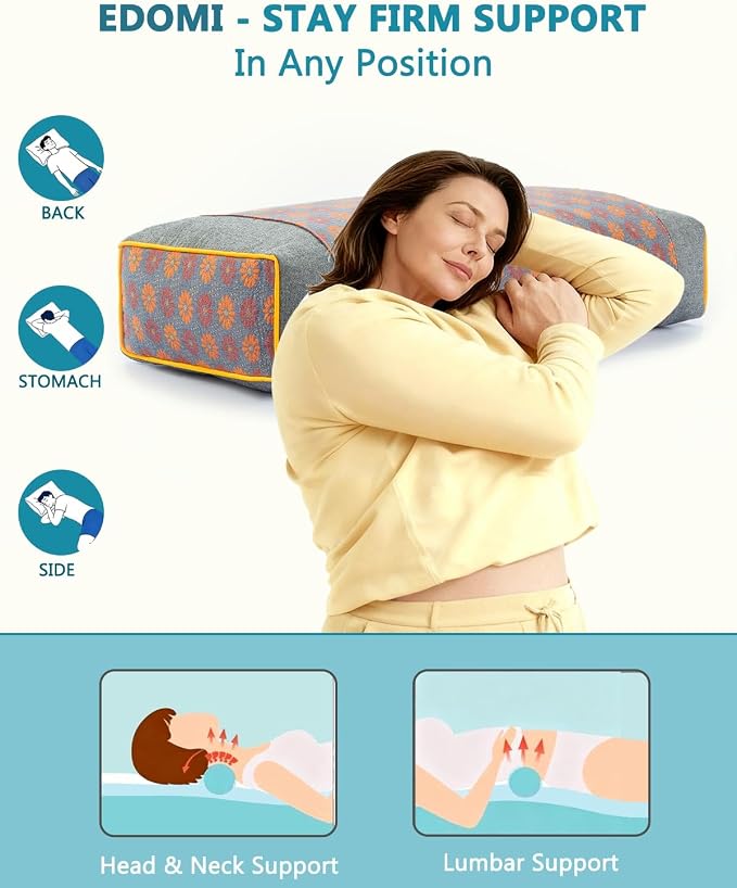 Rectangular Buckwheat Neck Pillows,19.6"x9.8" Flat Cervical Support Pillows for Sleeping, Adjustable Buckwheat Hull Filling for Neck Pain Relief, with Floral Pattern Washable Covers,Gray