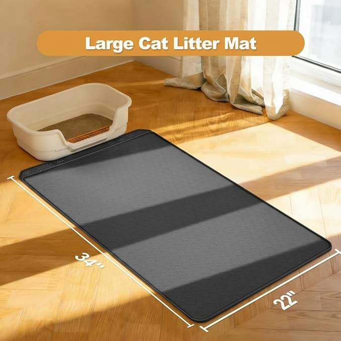 Extra Large Cat Litter Box Mat 34" x 22" – Waterproof Silicone Litter Trapper, Non-Slip, Easy to Clean Floor Protector, Soft on Kitty Paws(Dark Gray)