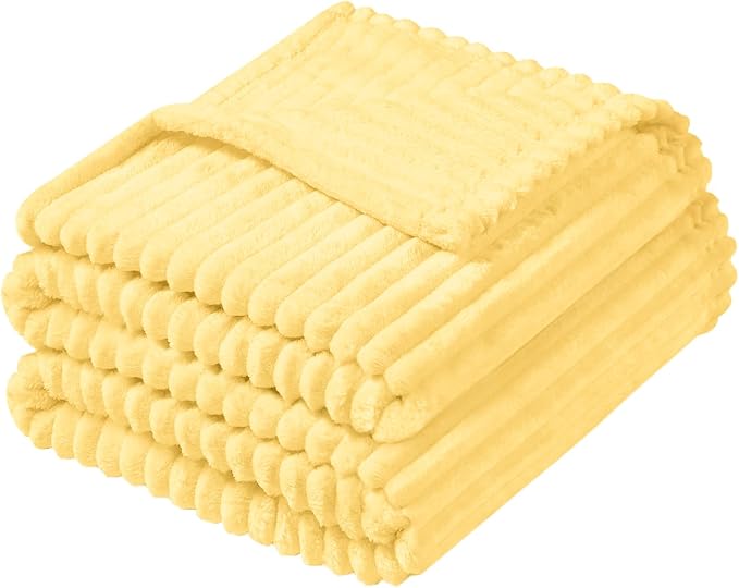 Vessia Flannel Fleece Throw Blanket, 300GSM Cozy Light Yellow Striped Throw Blanket for Couch, Sofa and Bed, Warm and Soft Cozy Pale Yellow Microfiber Ribbed Decor for All Season