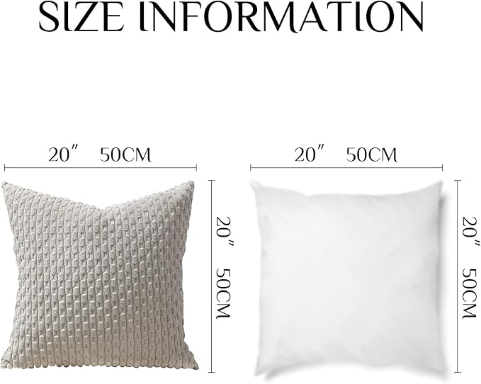 Softalker Corduroy Decorative Throw Pillow Covers 20x20, Set of 2, Grey | Soft Boho Striped Pillow Cases, Couch Fluffy Cushion Covers for Farmhouse Home Decor Bed Living Room
