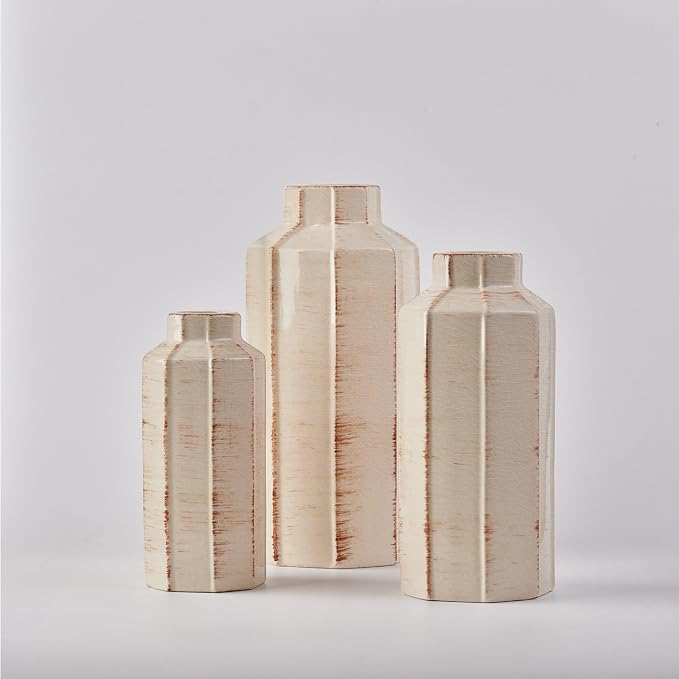 Ceramic Rustic Farmhouse Vase Set of 3,Ice Cracked Glazed Terracotta Vase | Large Vases for Decor,Fall Decoratiion Vases for Home, Table, Living Room, Shelf