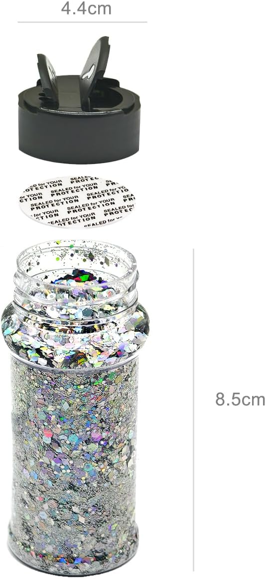 Silver Holographic - Craft Glitter - 2oz Glitter Shaker Bright Colorful Mix Chunky Body Glitter Bulk - 24 Colors in Shaker, Cosmetic Grade Glitter - EBKC23