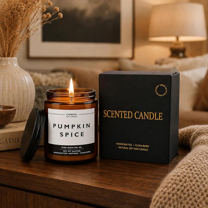 Pumpkin Spice Scented Candles for Home, Natural Soy Wax Candle with Essential Oils, 9oz Amber Jar Aromatherapy Candel, 50H Long & Non-Toxic Burning, Hand Poured, Giftable, Relaxation, Birthday