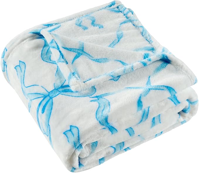 Blue Bow Throw Blanket – 50x60 Inch Soft Fleece Blanket for Girls and Women, Coquette Aesthetic Room Decor for Bed, Couch, Chair, Preppy Bedroom or Gift, Cute Pink Bow Decor Blanket