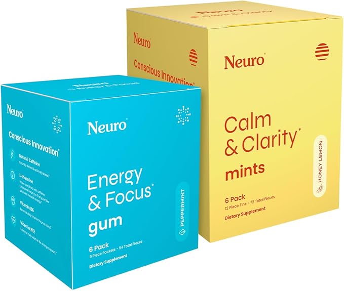 Neuro Day & Night Support Set – Energy & Focus Gum (54ct, Peppermint) + Calm & Clarity Mints (72ct, Honey Lemon) – Natural Caffeine, GABA, L-Theanine, B12 + B6 – Sugar-Free Nootropic Supplement Bun