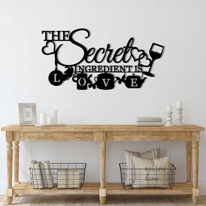 XORT The Secret Ingredient is Love Metal Wall Art Sign, Farmhouse Dining Room Kitchen Wall Decor Housewarming Gift Counter Pantry Sign (Black -16 x 8 inch)