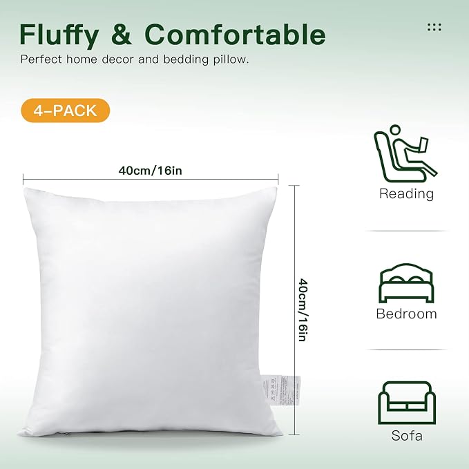 OTOSTAR Pack of 4 Throw Pillow Inserts, 16 x 16 Square Cushion Inner Soft Fluffy Plump Stuffer Cushion Pads White Decorative Pillow Inserts