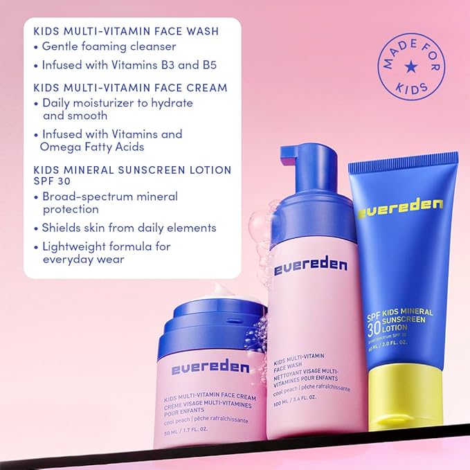Evereden Kids Skincare Bundle: 1-2-3 Routine with Multi-Vitamin Peach Face Wash, Cream, SPF 30 & Spa Headband – Gentle, Nourishing Skincare & Fun Hair Management for Kids – Perfect for Daily Care
