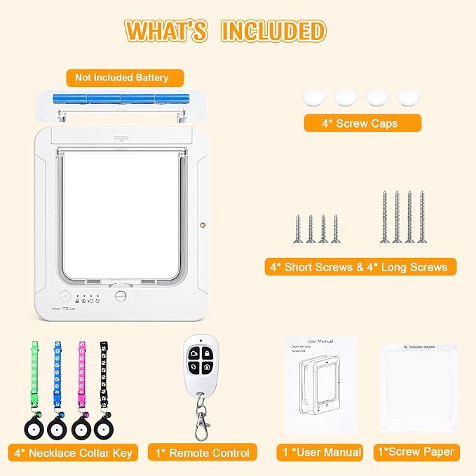 Smart Cat Door with 4 Collar Sensor Key, RFID Cat Door Collar Activated with Remote Control, 4 Way Locking Cat Flap Automatic Pet Door Interior & Exterior(White)