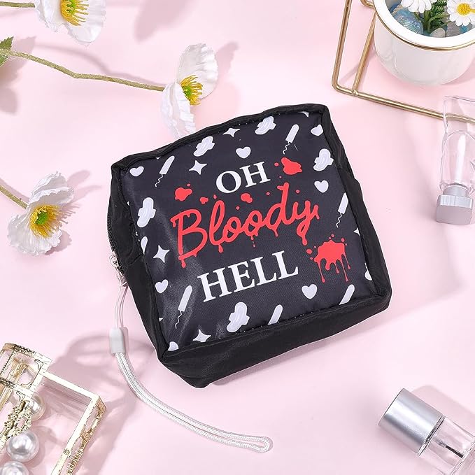 Black Period Bag Pouch Sanitary Napkin Storage Bag Oh Bloody Hell Pad Pouch Portable Waterproof Feminine Products Travel Storage Organizer First Period Gifts for Women Ladies Daily Use