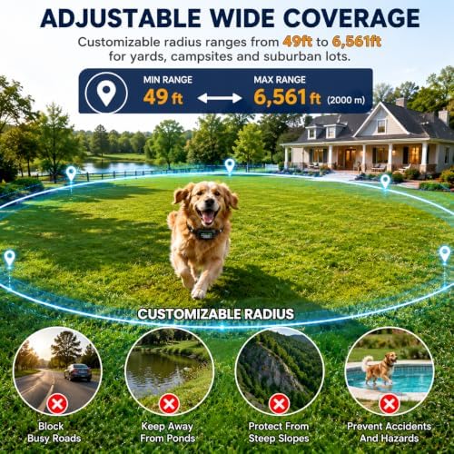 GPS Wireless Dog Fence System, Invisible Dogs Fence 49-6561 FT Range, IPX7 Waterproof Rechargeable Electric Dog Pet Containment Collar, Portable Adjustable Range for Renters Yard Outdoor