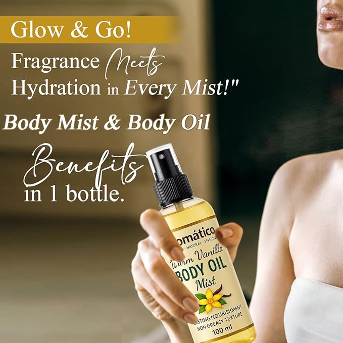 Aromatico Warm Vanilla Mini Body Oil Mist for Women | Lightweight, Non-Sticky, Spray-on formula for Daily use After Shower | Moisturized, Soft, Glowing Skin | Cozy, Creamy Vanilla Scent - 4 Fl Oz