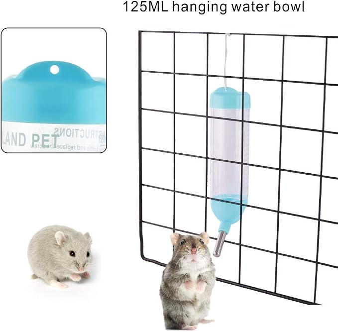 Guardians Hamster Water Bottle, Little Pet Automatic Drinking Bottle with Food Container Base Hut Hanging Water Feeding Bottles Auto Dispenser for Small Animals(125ml,Blue)
