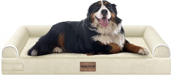 Orthopedic Dog Bed for Jumbo Dogs, 53 x 42 Inch, Beige | Egg crate foam for joint support, 3-sided bolster pet sofa, waterproof lining, washable cover, and non-skid base