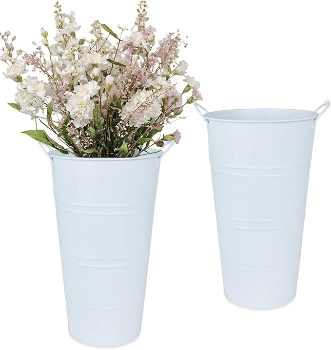 12 Inch Galvanized Metal Vase, 2 Pack Tall Flower Buckets with Handles | Galvanized metal flower buckets with handles, rustic tall vase design for dried flowers, weddings, farmhouse and home decor.