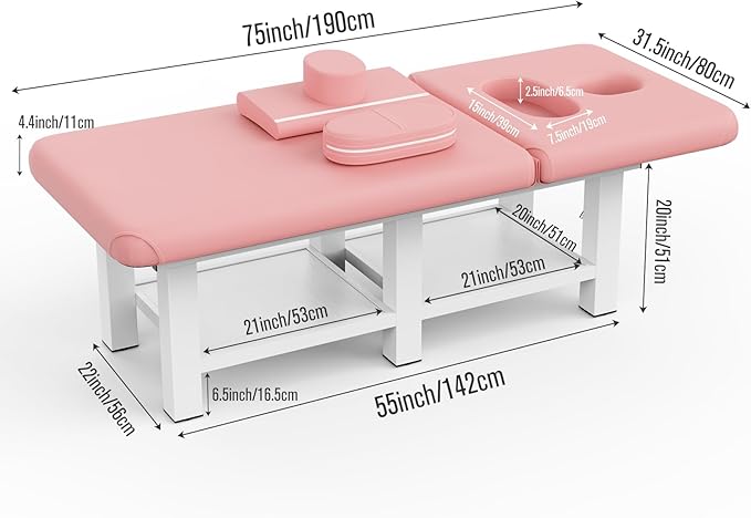 pouseayar Metal Frame Wide Stationary Massage Table for Treatment Table Physical Therapy Table Spa Facial Bed, PU Leather 31.5'' Wide 75'' Long (Pink, Segmented Structure)