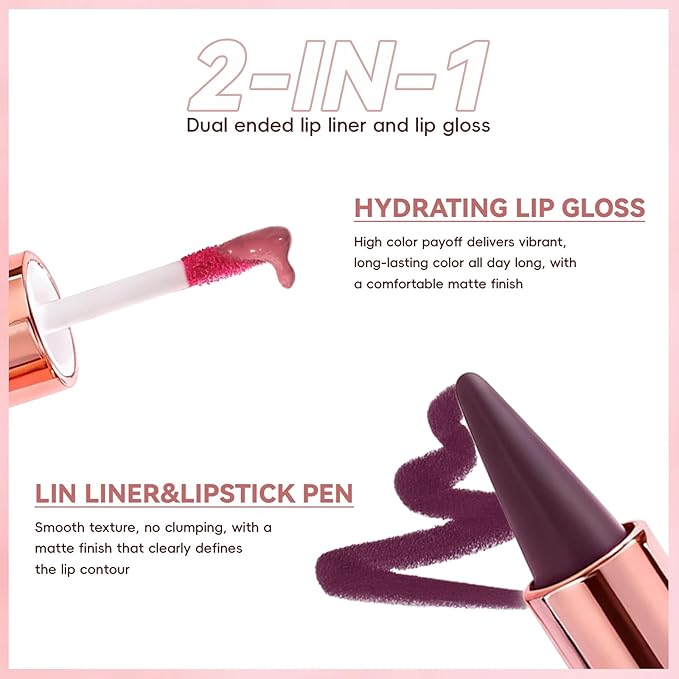 Lip Liner Gloss Lip Combo Set, 2 in 1 Lip Duo Plum Lip Liner Lipstick Matte Velvet Nude Berry Tinted Gloss Lip Kit, Smooth Quick Fuller Plumping Lip Makeup for Women02#Matte Berry