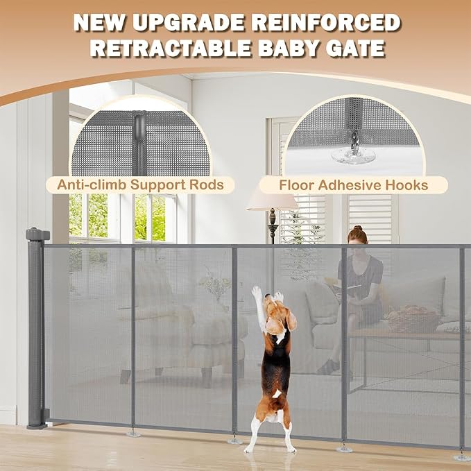 SMONTER Extra Wide Retractable Dog Gates, Mesh Baby Gate with Support Rods Extend to 118" Wide 33" Tall, Portable Safety Retractable Gate for Stairs, Indoor/Outdoor, Gray