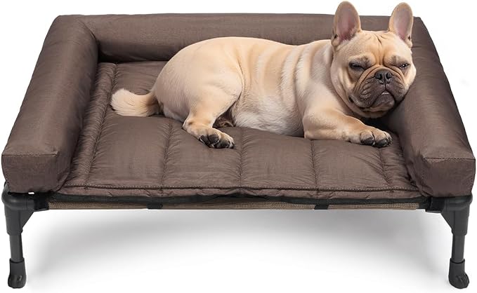 Veehoo Outdoor Elevated Dog Bed with Waterproof Bolster Cushion, Cooling | Raised Dog Bed with Removable & Washable Mat Topper, Breathable Mesh, Dog Couch Cot for Indoor Outdoor, 32", Medium, Brown