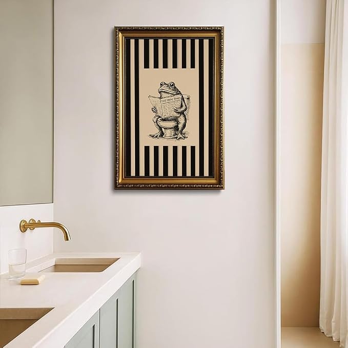 Funny Bathroom Wall Decor Art Vintage Whimsical Frog Gold Framed Wall Art | Black Beige Striped Picture Canvas Art Humour Animal Small Framed Prints Artwork For Vanity Restroom Toilet Powder Room