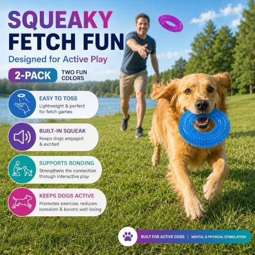 Dog Chew Toys for Aggressive Chewers, Squeaky Floating Donut Rings, 2 Pack