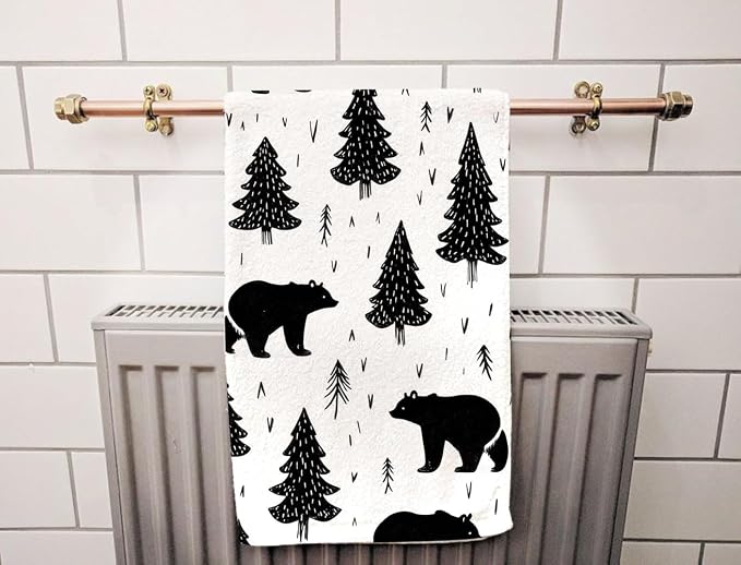 Woodland Black Bears Hand Towel Mountain,Grizzly Trees Face Towels Suit Travel Sports Pool Swimming Bath Camping Spa Gym Yoga,15x30 Inch