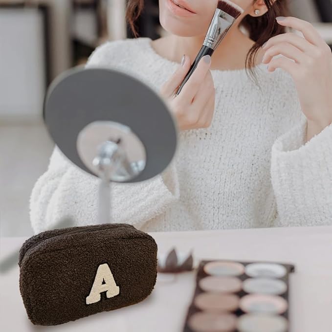 Cute Makeup Bag, Initial Cosmetic Bag, Fuzzy Makeup Bags for Women, Beauty Pouch with Chenille Letter, Personalized Cosmetic Pouch for Travel, Dark Grey U