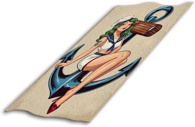 Vintage Pinup Sailor Girl Hand Towel Blue Anchor Face Towels Suit Travel Sports Pool Swimming Bath Camping Spa Gym Yoga,15x30 Inch