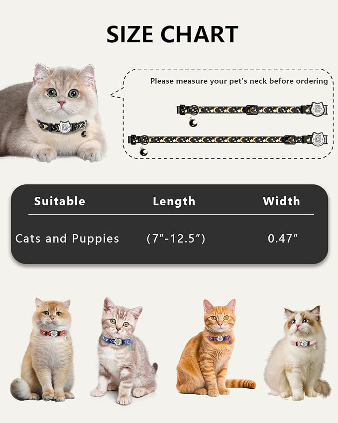 Star & Moon Breakaway Cat Collar with QR Code Tag (Black & Purple) | Reflective Nylon, Quick-Release Buckle