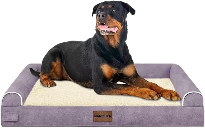 Orthopedic Dog Bed for XX-Large Dogs, 44 x 34 Inch, Purple | Egg crate foam for joint support, 3-sided bolster pet sofa, waterproof lining, washable cover, and non-skid base
