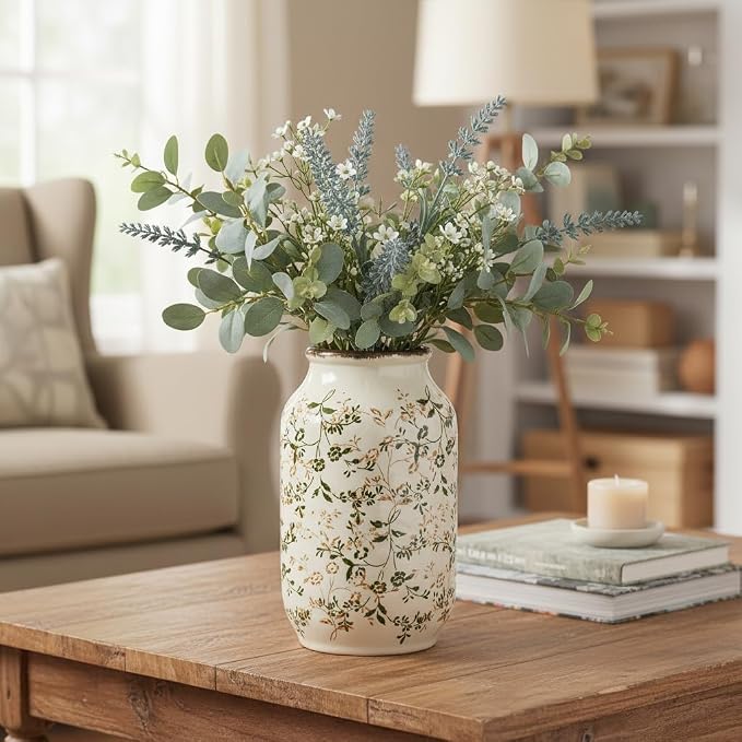 Green Vintage Vase, Chinoiserie Floral Vases for Flowers, Rustic Farmhouse Ceramic Vase for Home Decor, Living Room, Shelf, Office, Vintage Room Decor, 9 inch, White and Green