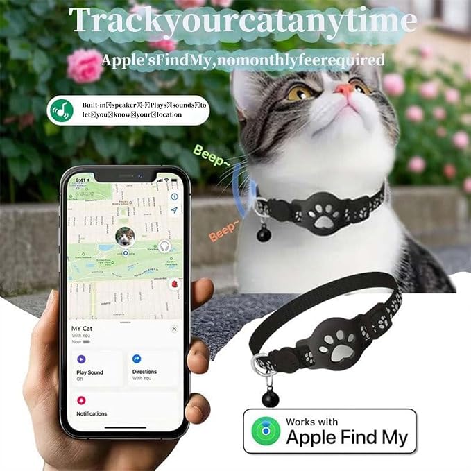 GPS Pet Tracker Collar for Cats & Small Dogs, Lightweight & Waterproof with Safety Buckle, Anti-Loss Tracking, Adjustable Reflective Collar with Bell (Android, Black, 19-26cm)