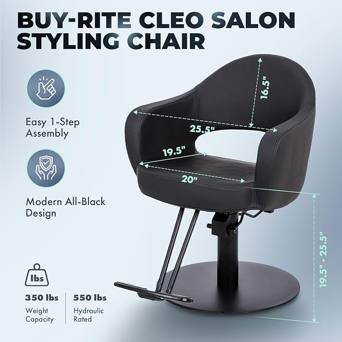 Buy-Rite Cleo Professional Salon Styling Chair & Barber Chair, All Black Vinyl with Black Stitching, Easy-Clean Crevice-Free Seat, Flat Round Base, Heavy-Duty Build, YLG-376