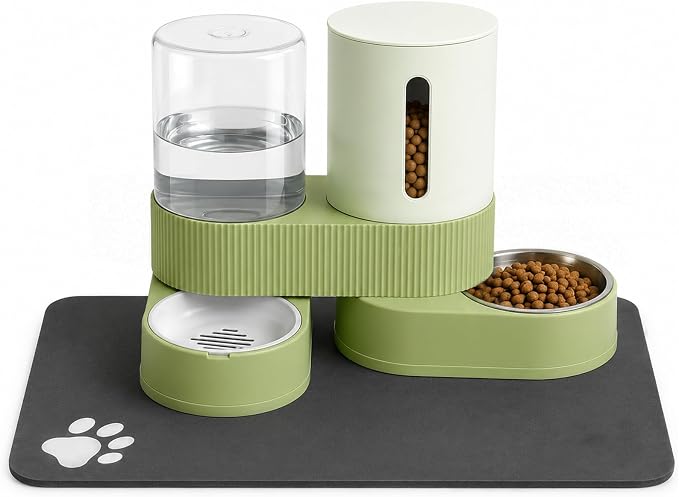 Gravity Cat Feeder 2 Pack Automatic Food Feeder and Water Dispenser Set Detachable Pet Bowl with Silicone Mat for Cats Small Medium Dogs, Large Capacity(Green)
