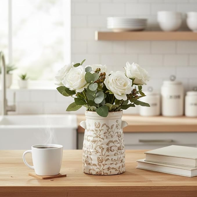 SIDUCAL Ceramic Rustic Vase with 2-Ear, 7.6 Inch Ice Cracked Vintage Pastoral Vase, Rustic Farmhouse Vases for Home Decor, Table, Living Room, Shelf Decor, Chinoiserie Decor, Brown Floral Pattern