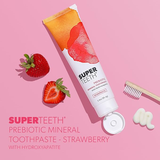 SuperTeeth Prebiotic Mineral Toothpaste for Adults and Kids | Antiplaque | Hydroxyapatite | Fluoride Free | SLS Free | Remineralizing | Oral Care | Made in USA | Strawberry