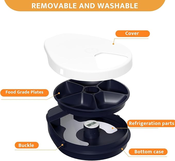 Cat Wet Food Automatic Feeder with Cooling, Semiconductor Refrigeration, with Timer, 5 Food Compartments for 330g Pet Food Each, Premium Meal Plates, Washable, for Cats (UBPET)
