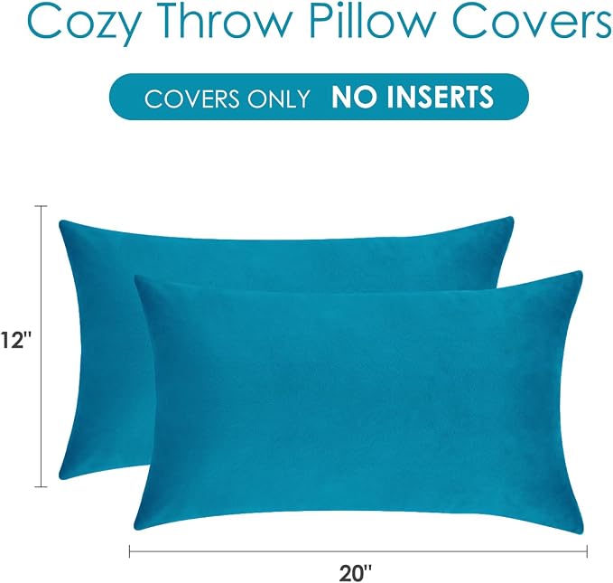 Throw Pillow Covers Decorative Velvet Set of 2 12x20 Inch Pillow Covers, Soft Teal Lumbar Pillowcases for Couch Sofa Bed Living Room, Farmhouse Home Boho Decor, Accent Cushion Covers