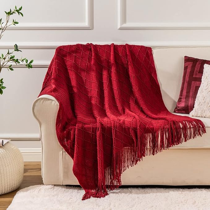 BATTILO HOME Red Throw Blanket Large Fringe Fall Throw Knitted Bed Throws for Couch Sofa Indoor Outdoor, Red, 52 x 80 in.