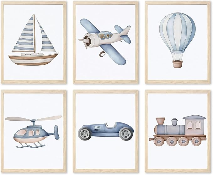 Nursery Car Wall Art Set of 6, Baby Boys Poster Canvas Prints, Blue Kids Car Train Plane Boat Hot Air Balloon Wall Decor Toddler Vehicle Painting Watercolor Artwork Picture 12x16 inch Unframed