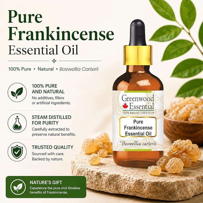 Greenwood Essential Frankincense Essential Oil (Boswellia carterii) with Glass Dropper Steam Distilled 50ml (1.69 oz)