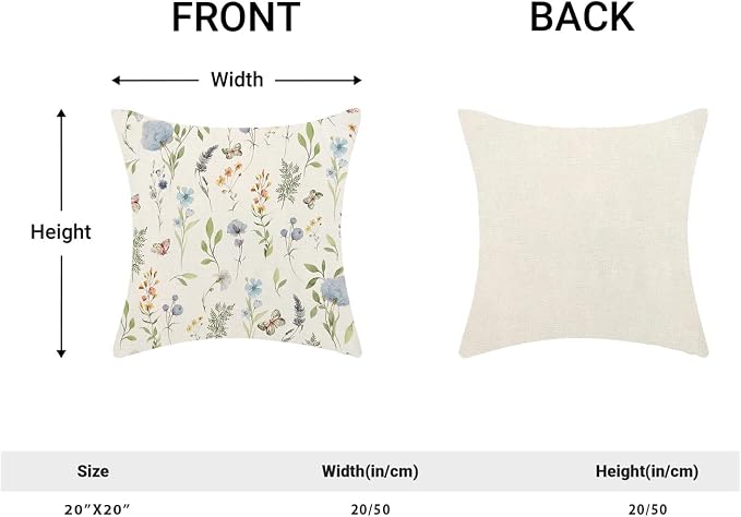 Spring Pillow Covers 20x20 Inch Set of 2, Sage Green Blue Wild Flower Throw Pillows Case,Colorful Seasonal Floral Plant Outdoor Decorative Farmhouse Decor Cushion Covers for Home Sofa Bed Couch